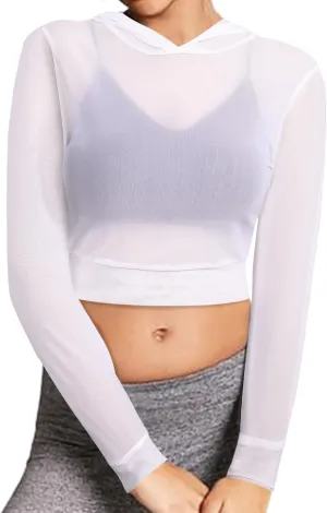 Avanova Women Mesh Sheer See Through Hoodie Long Sleeve Workout Hooded Crop Top