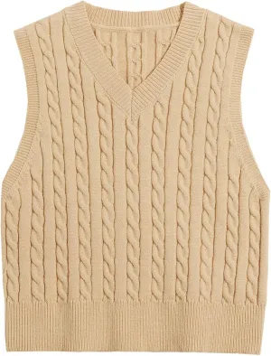 Betusline Women's Cable Knit Sleeveless Crop Sweater Vests