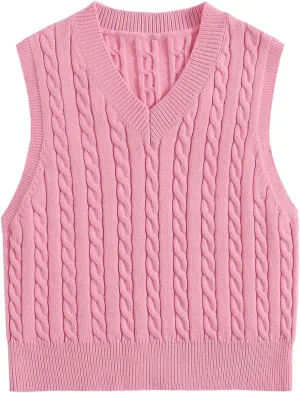 Betusline Women's Cable Knit Sleeveless Crop Sweater Vests