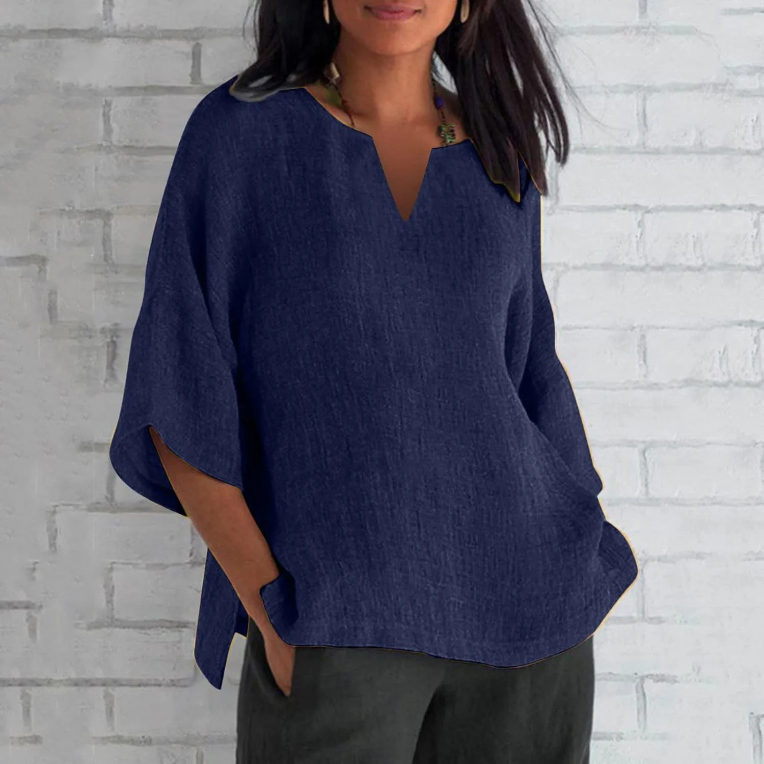Binmer Plus Size Summer Linen Tops for Women 2024 Trendy Short Sleeve T-Shirts Loose Solid V Neck Tee Side Split Blouse S-5XL