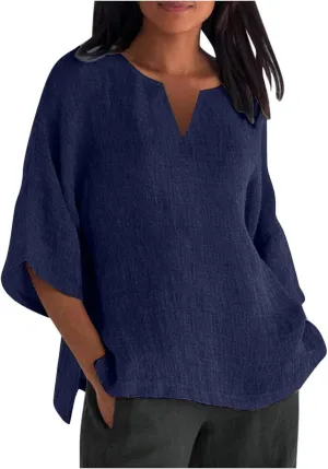 Binmer Plus Size Summer Linen Tops for Women 2024 Trendy Short Sleeve T-Shirts Loose Solid V Neck Tee Side Split Blouse S-5XL