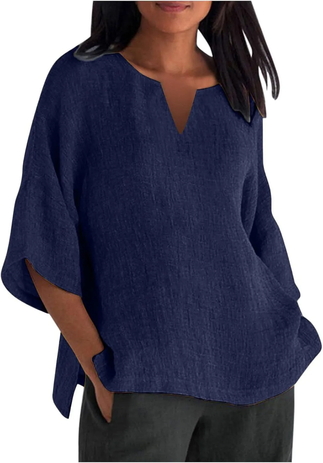 Binmer Plus Size Summer Linen Tops for Women 2024 Trendy Short Sleeve T-Shirts Loose Solid V Neck Tee Side Split Blouse S-5XL