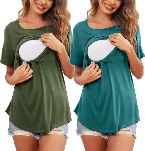 Binmer Women's Maternity Nursing Tops Casual Short Sleeve Breastfeeding Shirts 2 Pack Double Layer Summer Pregnancy Clothes