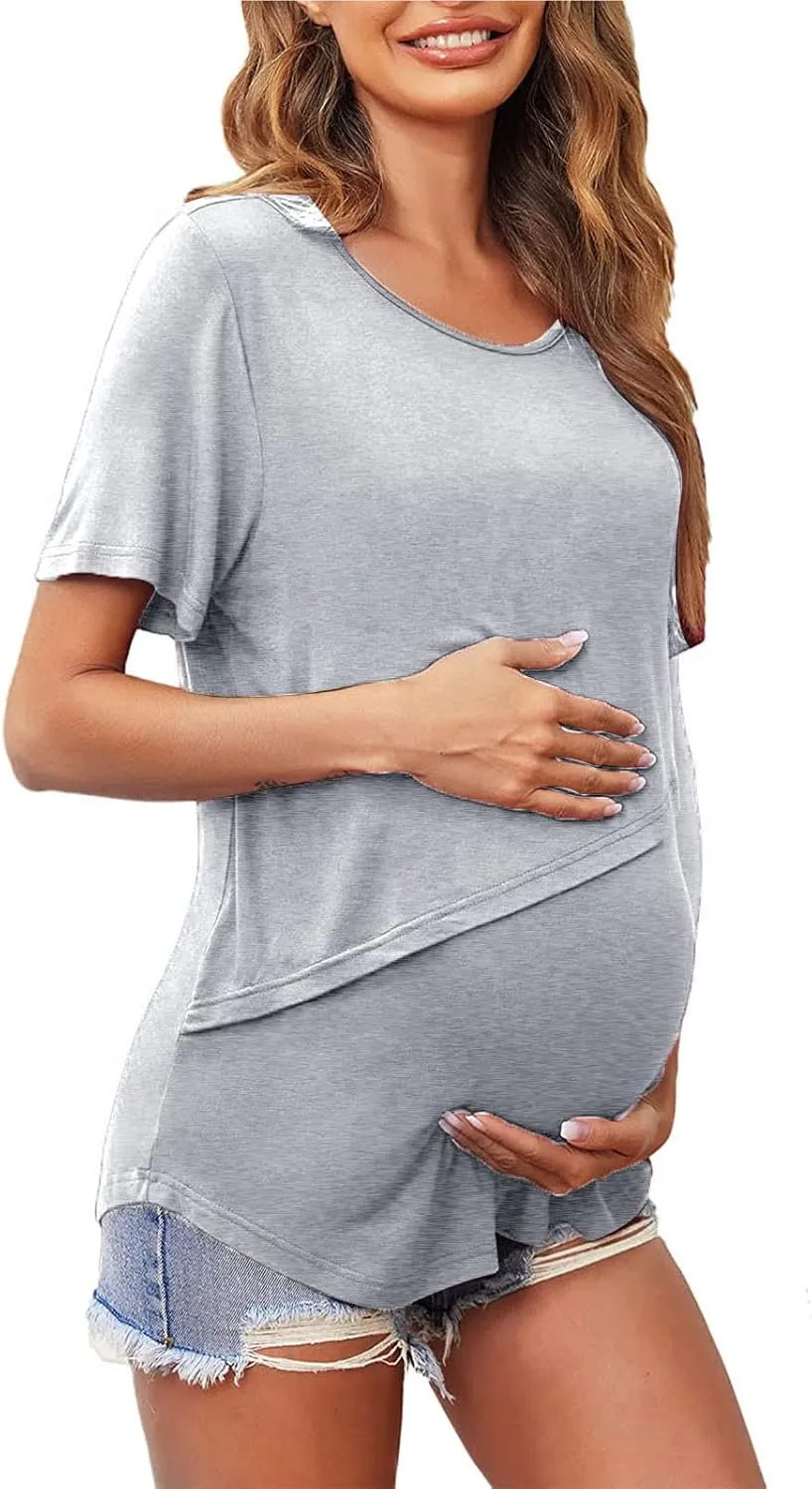 Binmer Women's Maternity Nursing Tops Casual Short Sleeve Breastfeeding Shirts 2 Pack Double Layer Summer Pregnancy Clothes