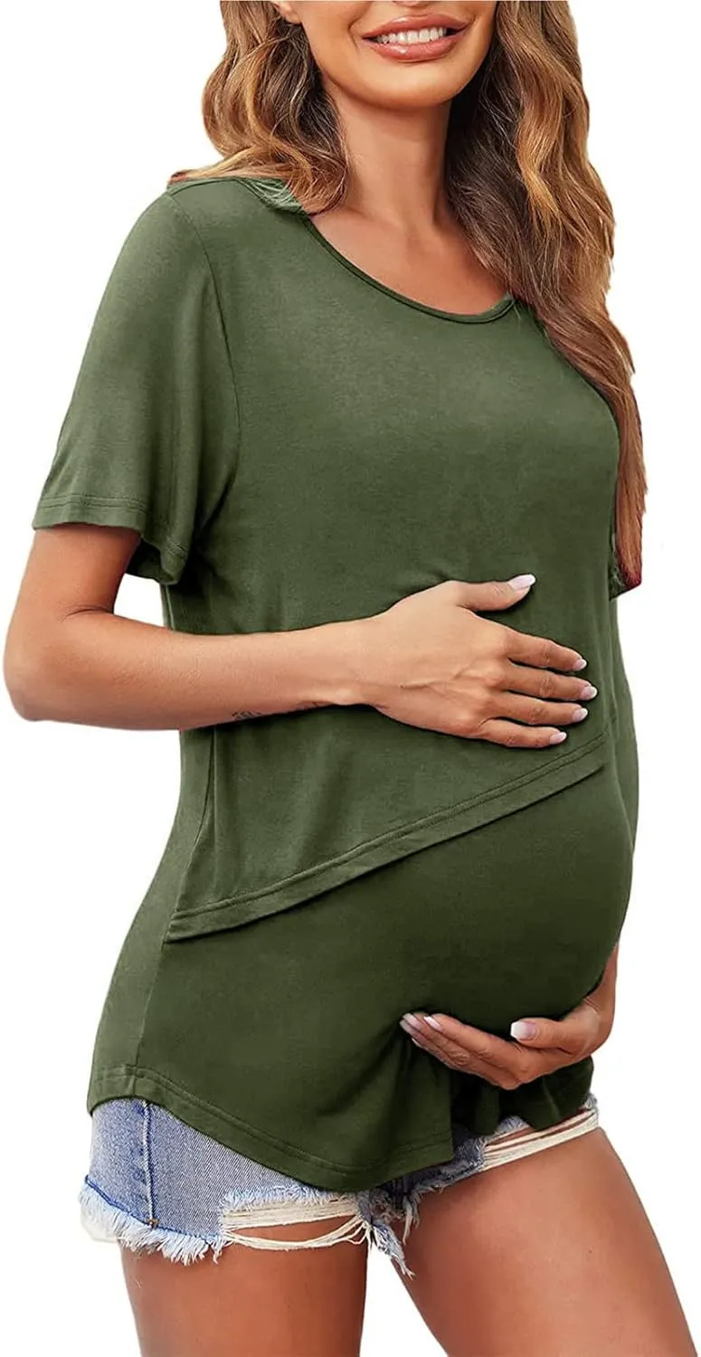 Binmer Women's Maternity Nursing Tops Casual Short Sleeve Breastfeeding Shirts 2 Pack Double Layer Summer Pregnancy Clothes