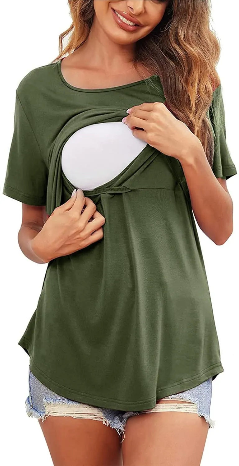 Binmer Women's Maternity Nursing Tops Casual Short Sleeve Breastfeeding Shirts 2 Pack Double Layer Summer Pregnancy Clothes