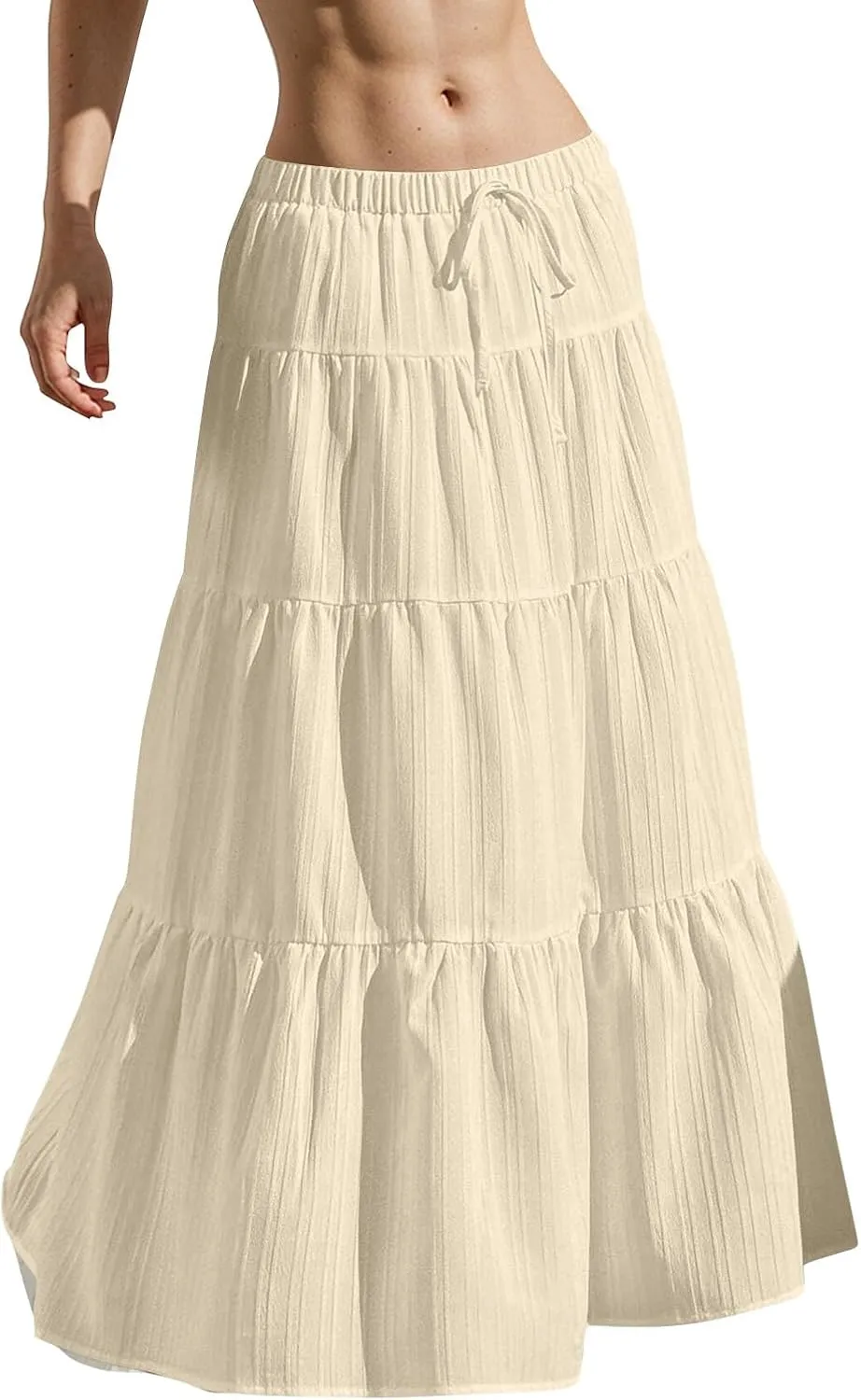 Boho Maxi Skirt for Women Summer Elastic Waist Casual Long Linen Skirts Flowy Tiered Ruffle Skirt Beach A Line Skirts