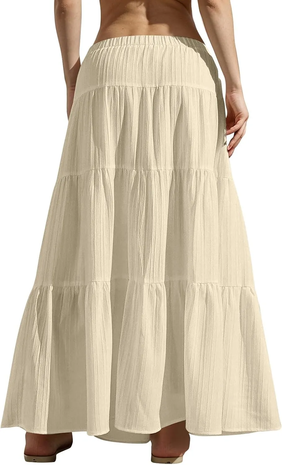 Boho Maxi Skirt for Women Summer Elastic Waist Casual Long Linen Skirts Flowy Tiered Ruffle Skirt Beach A Line Skirts