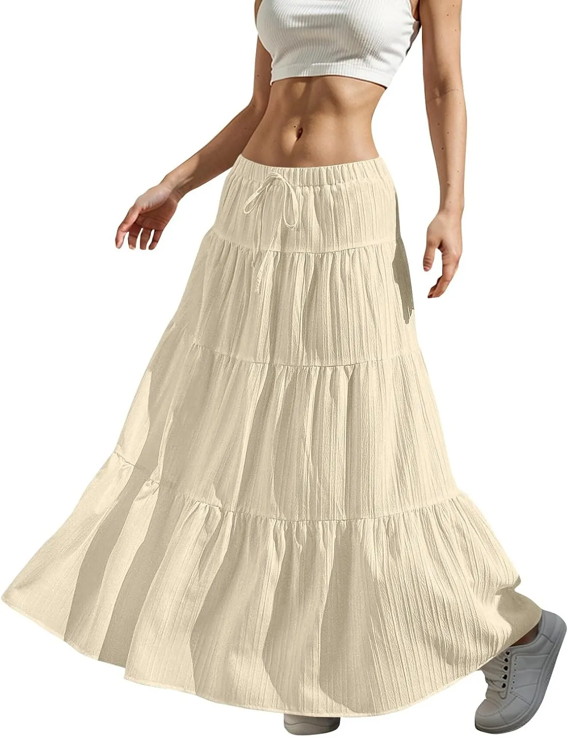 Boho Maxi Skirt for Women Summer Elastic Waist Casual Long Linen Skirts Flowy Tiered Ruffle Skirt Beach A Line Skirts