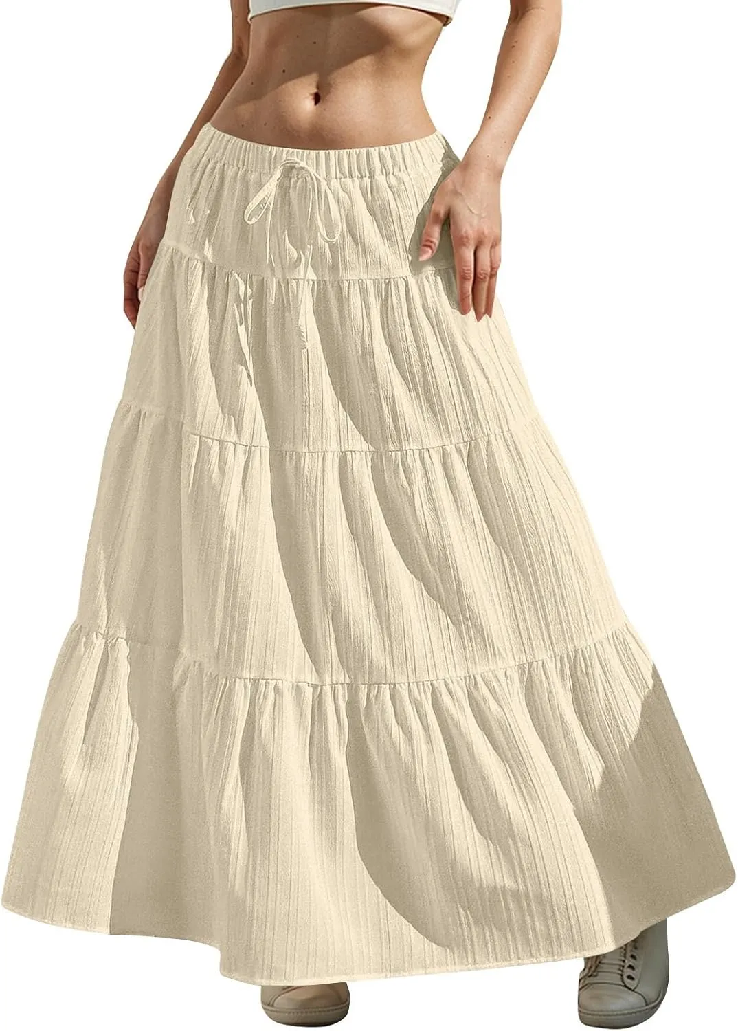 Boho Maxi Skirt for Women Summer Elastic Waist Casual Long Linen Skirts Flowy Tiered Ruffle Skirt Beach A Line Skirts