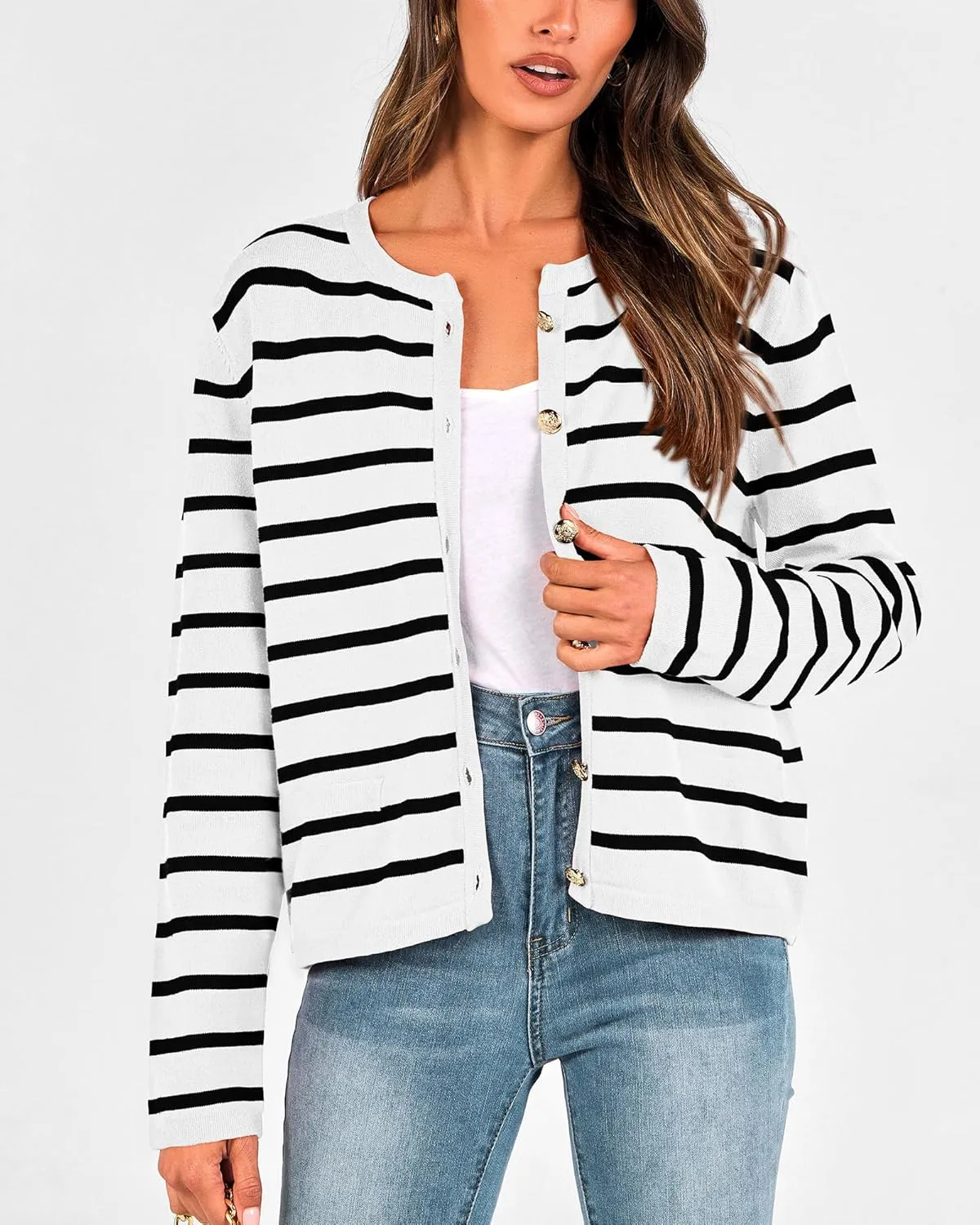 BTFBM Women's Cardigans Sweater 2024 Fall Striped Long Sleeve Button Down Crop Open Front Knit Outerwear Deco Pockets