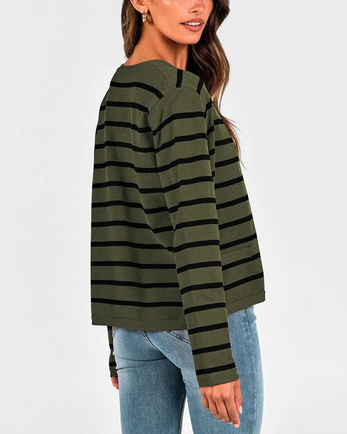 BTFBM Women's Cardigans Sweater 2024 Fall Striped Long Sleeve Button Down Crop Open Front Knit Outerwear Deco Pockets