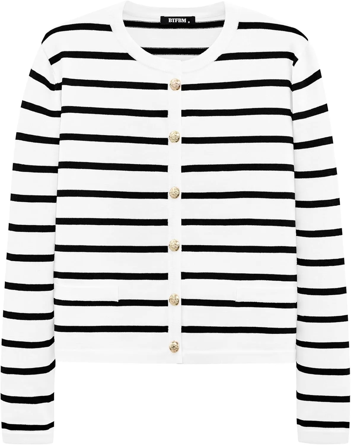 BTFBM Women's Cardigans Sweater 2024 Fall Striped Long Sleeve Button Down Crop Open Front Knit Outerwear Deco Pockets