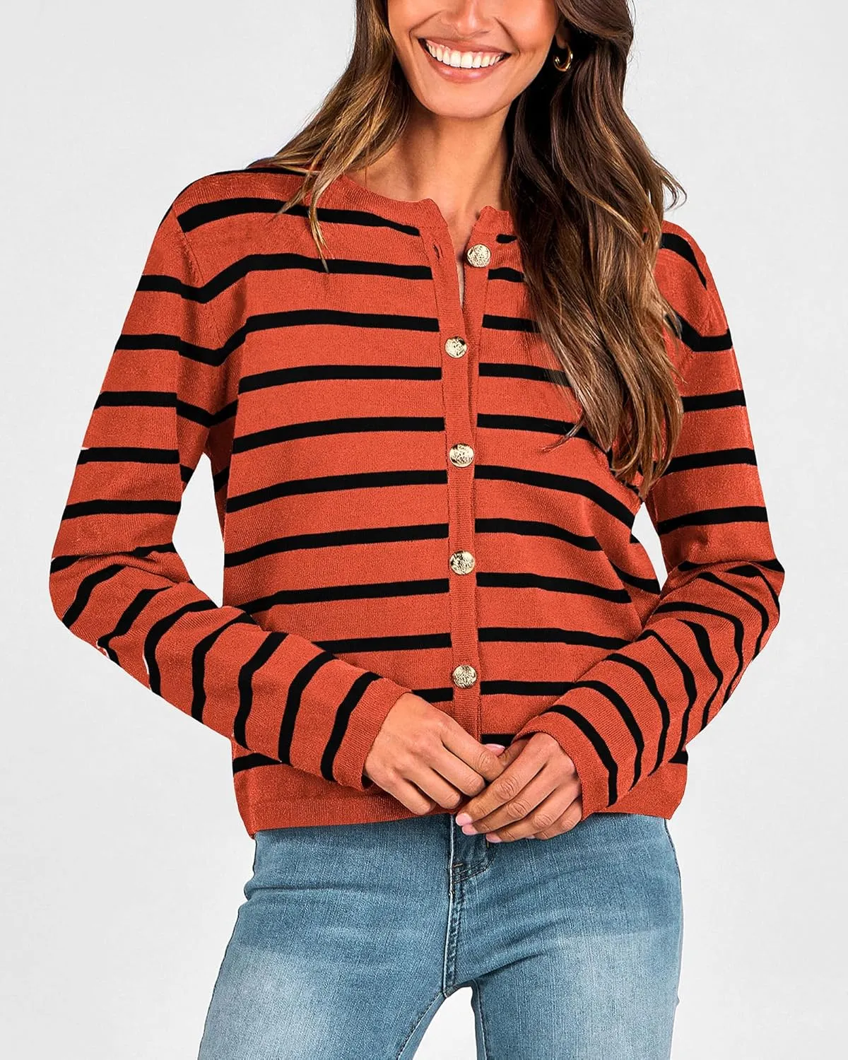 BTFBM Women's Cardigans Sweater 2024 Fall Striped Long Sleeve Button Down Crop Open Front Knit Outerwear Deco Pockets