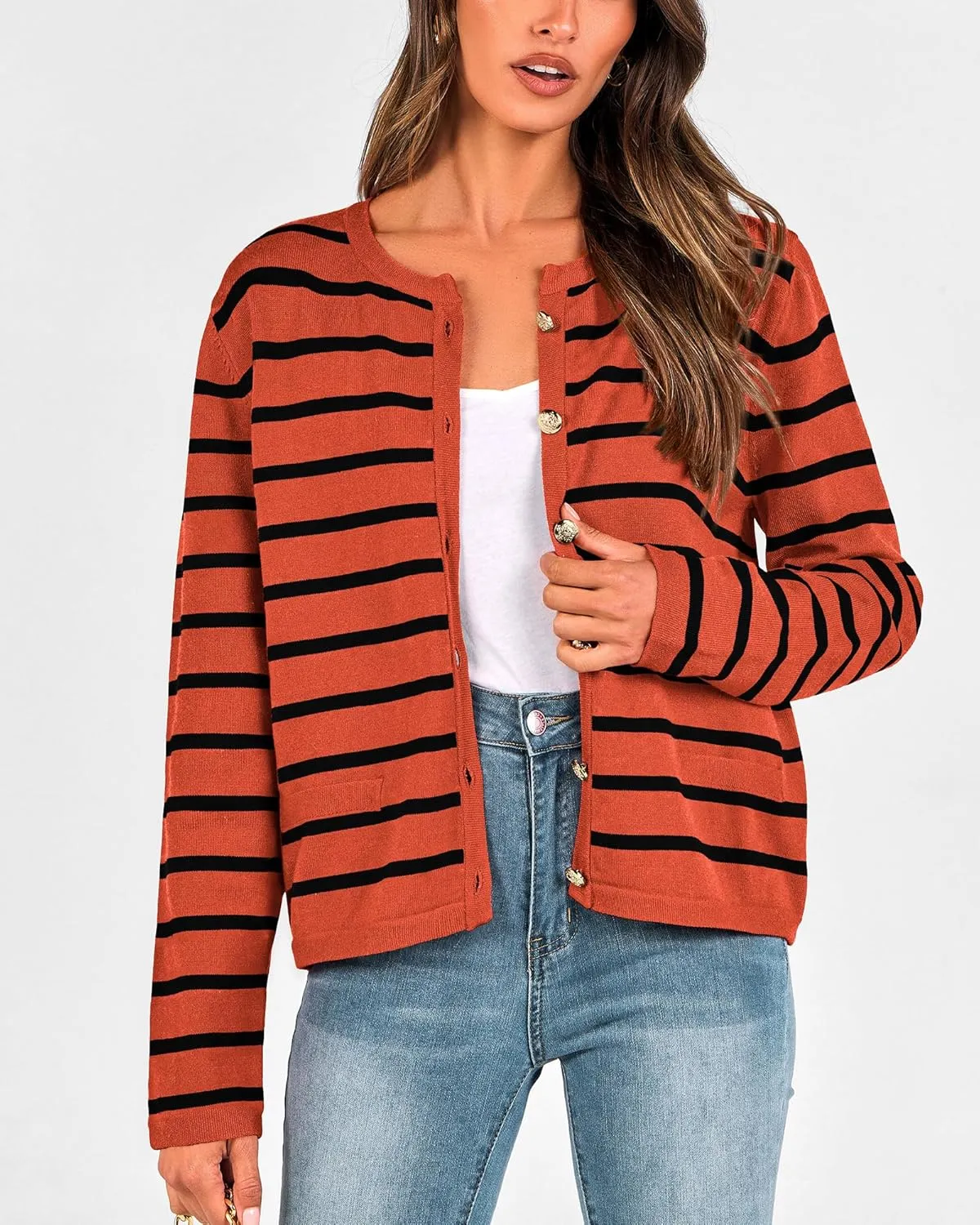 BTFBM Women's Cardigans Sweater 2024 Fall Striped Long Sleeve Button Down Crop Open Front Knit Outerwear Deco Pockets