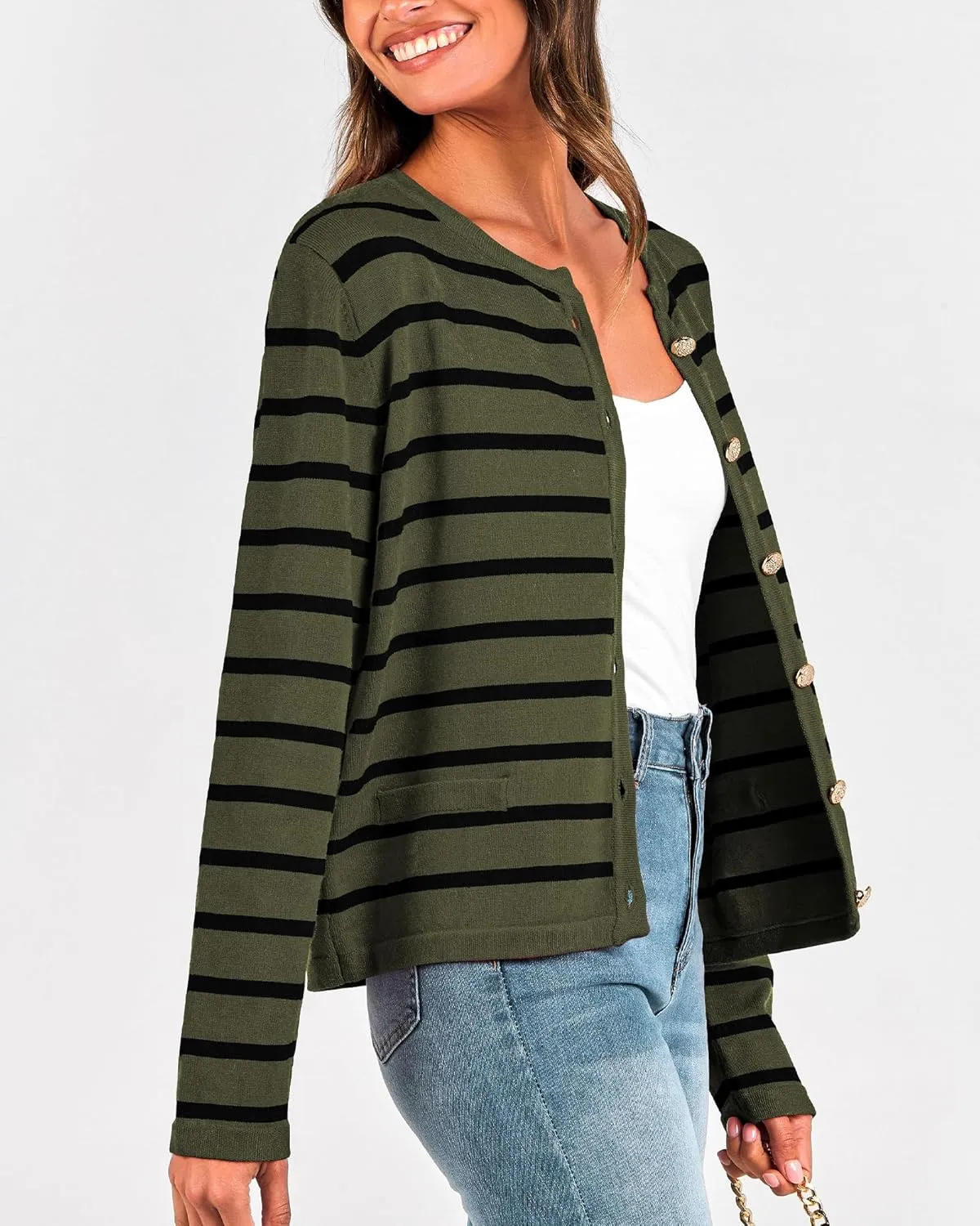 BTFBM Women's Cardigans Sweater 2024 Fall Striped Long Sleeve Button Down Crop Open Front Knit Outerwear Deco Pockets