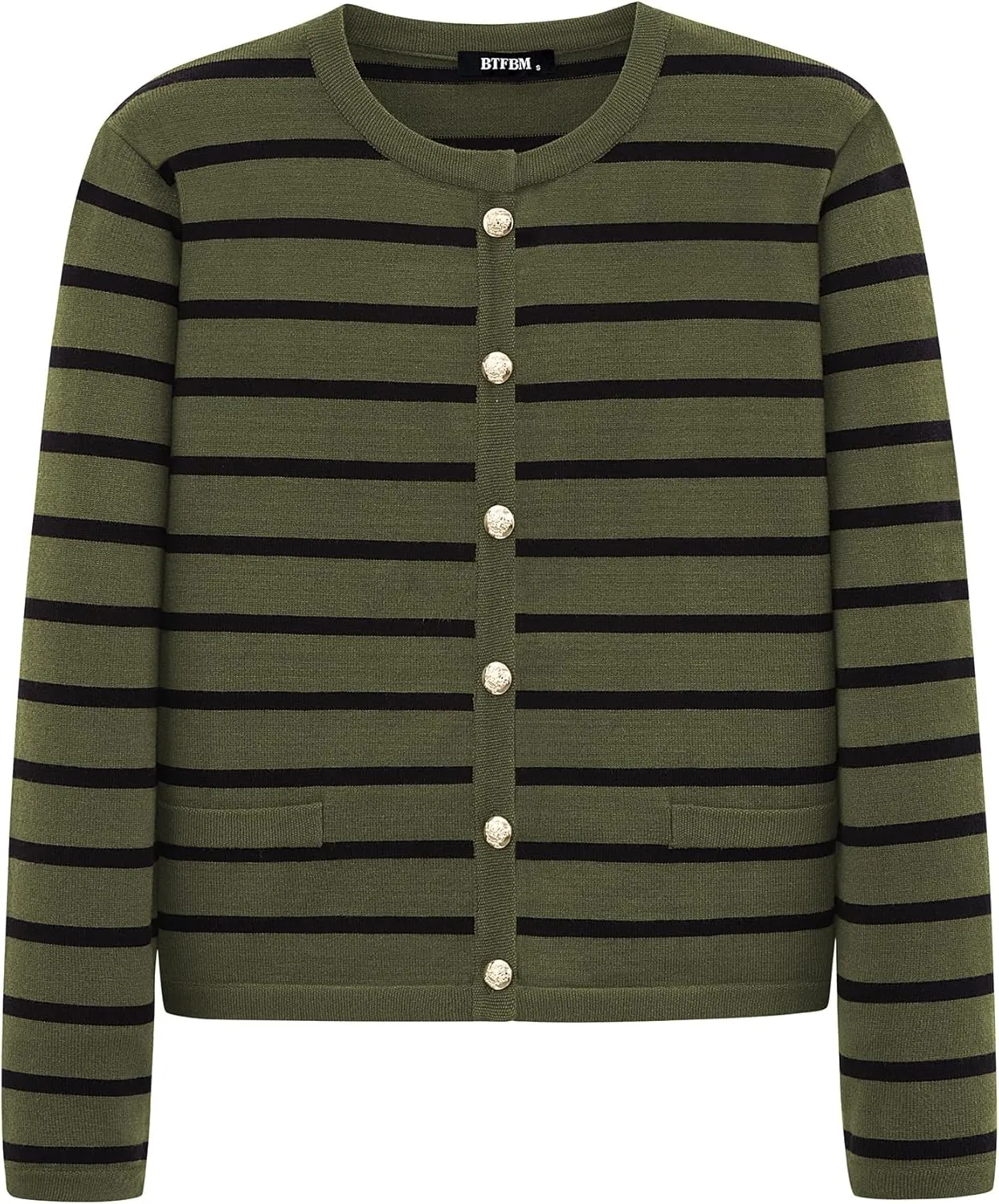 BTFBM Women's Cardigans Sweater 2024 Fall Striped Long Sleeve Button Down Crop Open Front Knit Outerwear Deco Pockets