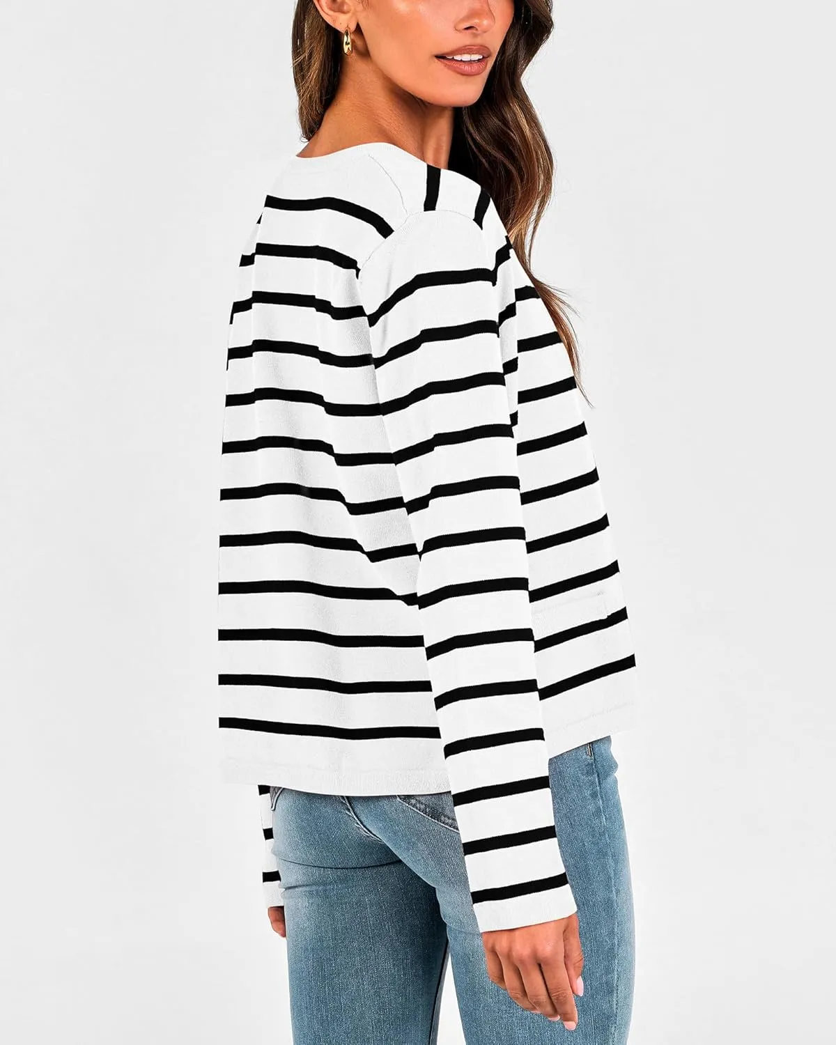 BTFBM Women's Cardigans Sweater 2024 Fall Striped Long Sleeve Button Down Crop Open Front Knit Outerwear Deco Pockets
