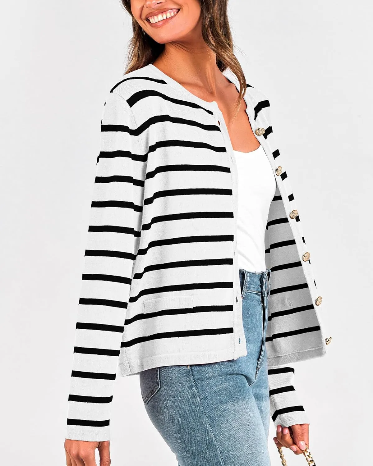 BTFBM Women's Cardigans Sweater 2024 Fall Striped Long Sleeve Button Down Crop Open Front Knit Outerwear Deco Pockets