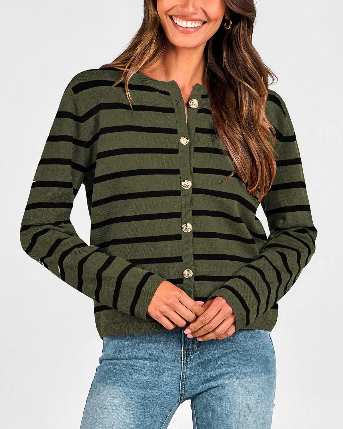 BTFBM Women's Cardigans Sweater 2024 Fall Striped Long Sleeve Button Down Crop Open Front Knit Outerwear Deco Pockets
