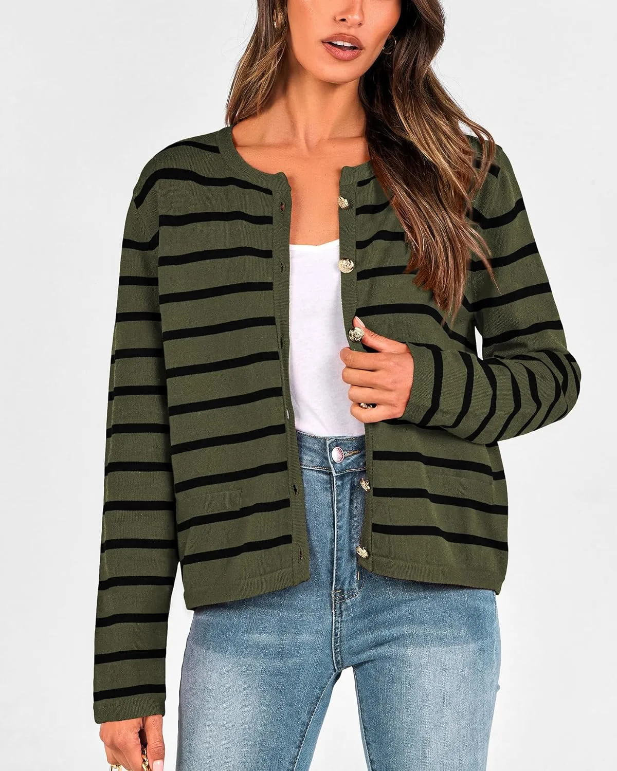 BTFBM Women's Cardigans Sweater 2024 Fall Striped Long Sleeve Button Down Crop Open Front Knit Outerwear Deco Pockets