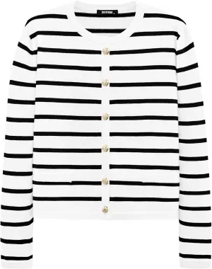BTFBM Women's Cardigans Sweater 2024 Fall Striped Long Sleeve Button Down Crop Open Front Knit Outerwear Deco Pockets