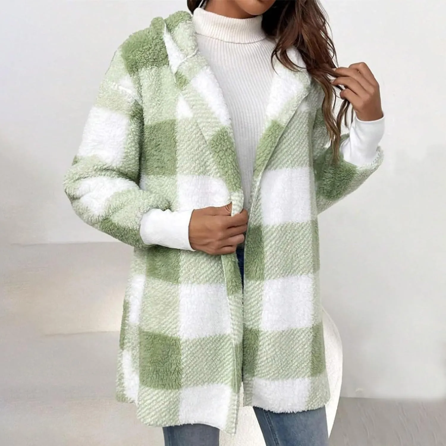 Buffalo Plaid Cardigan for Women Comfy Fuzzy Cable Knit Sweaters Color Block Long Sleeve Hooded Open Front Cardigan