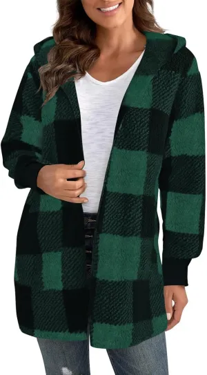 Buffalo Plaid Cardigan for Women Comfy Fuzzy Cable Knit Sweaters Color Block Long Sleeve Hooded Open Front Cardigan