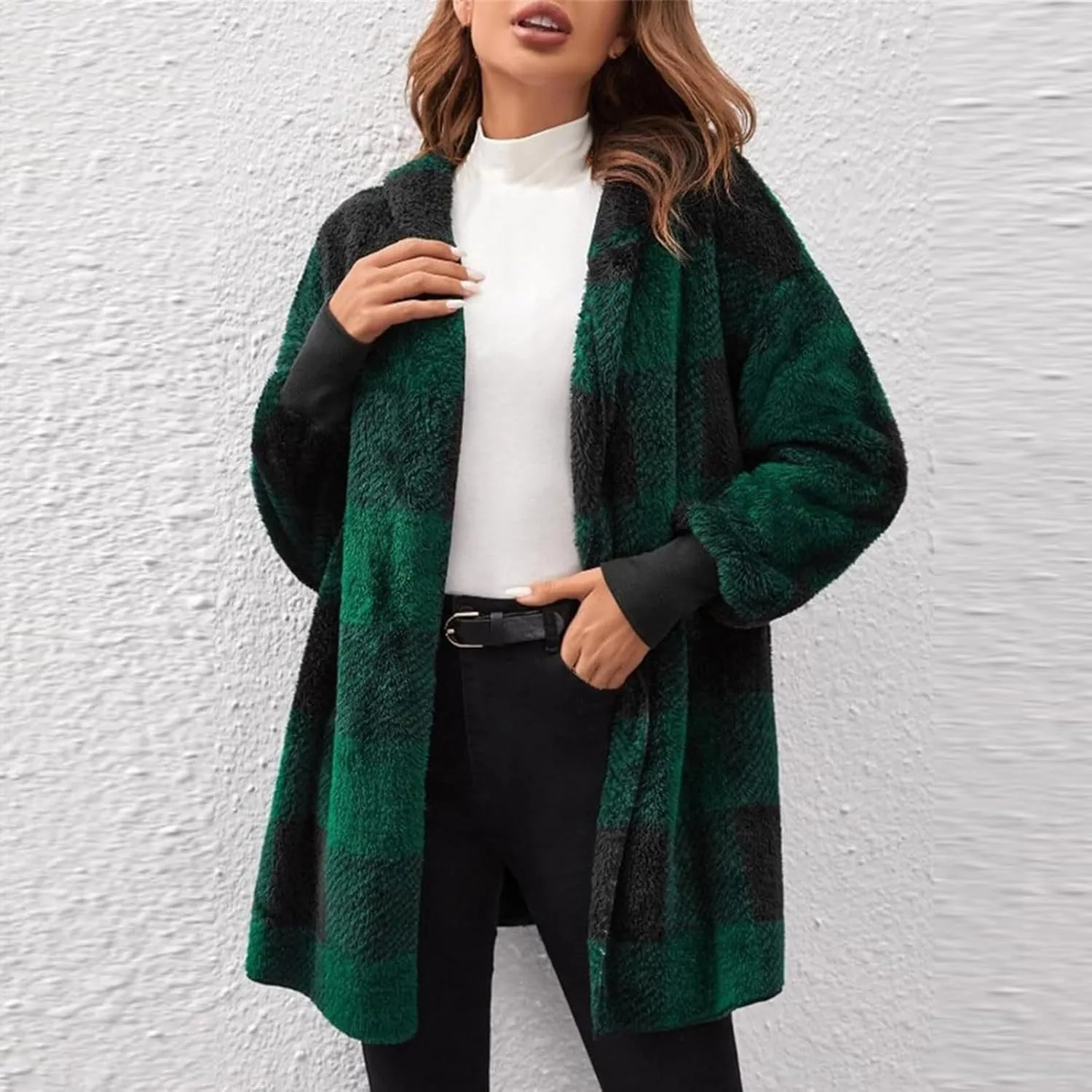 Buffalo Plaid Cardigan for Women Comfy Fuzzy Cable Knit Sweaters Color Block Long Sleeve Hooded Open Front Cardigan