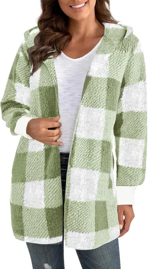 Buffalo Plaid Cardigan for Women Comfy Fuzzy Cable Knit Sweaters Color Block Long Sleeve Hooded Open Front Cardigan