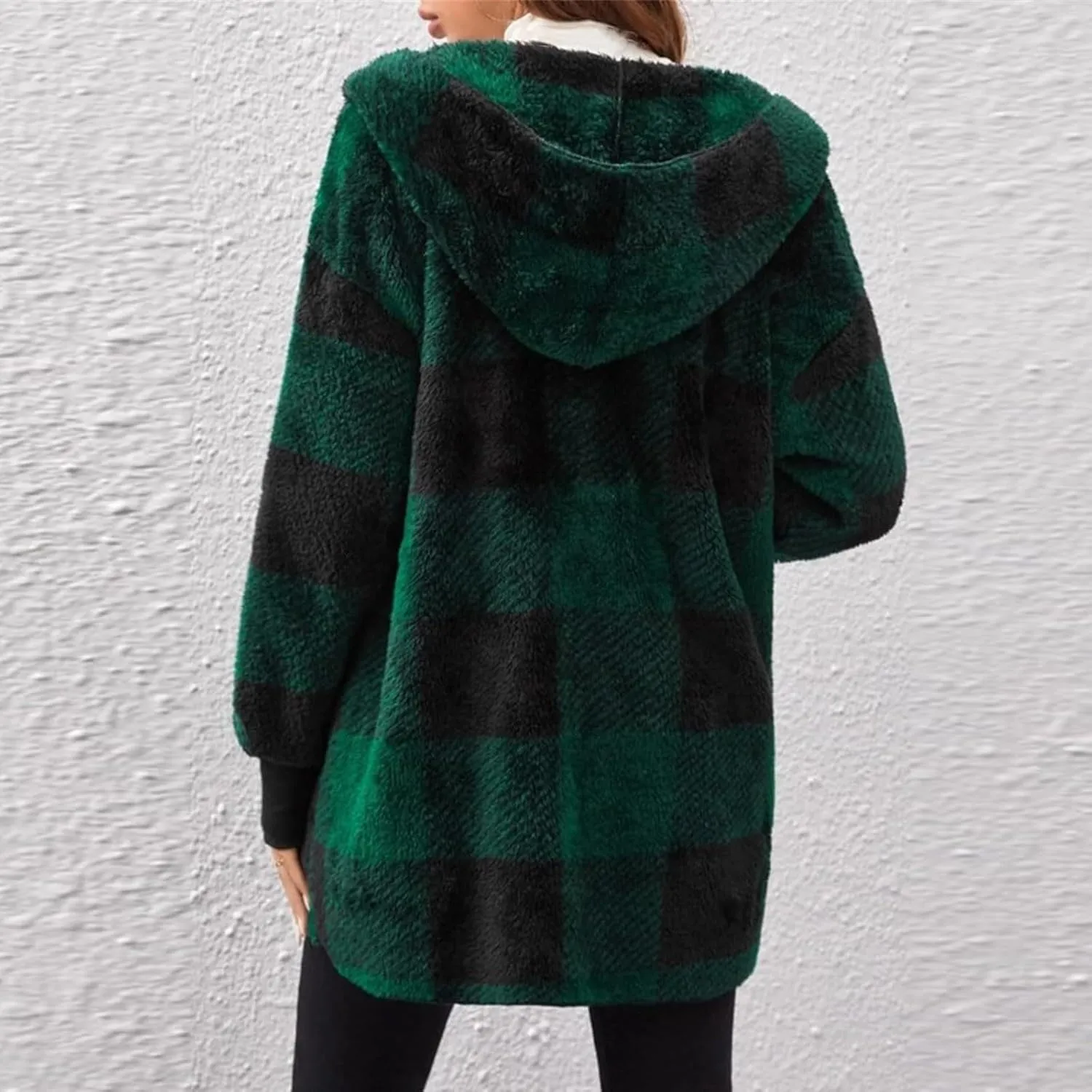 Buffalo Plaid Cardigan for Women Comfy Fuzzy Cable Knit Sweaters Color Block Long Sleeve Hooded Open Front Cardigan