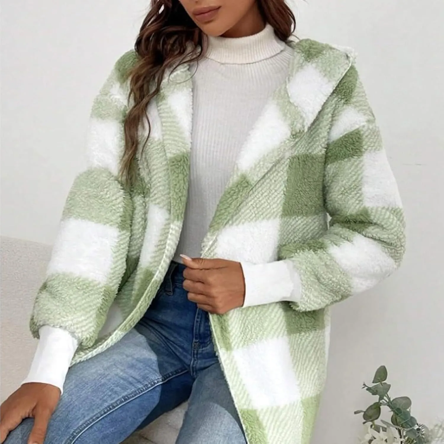 Buffalo Plaid Cardigan for Women Comfy Fuzzy Cable Knit Sweaters Color Block Long Sleeve Hooded Open Front Cardigan