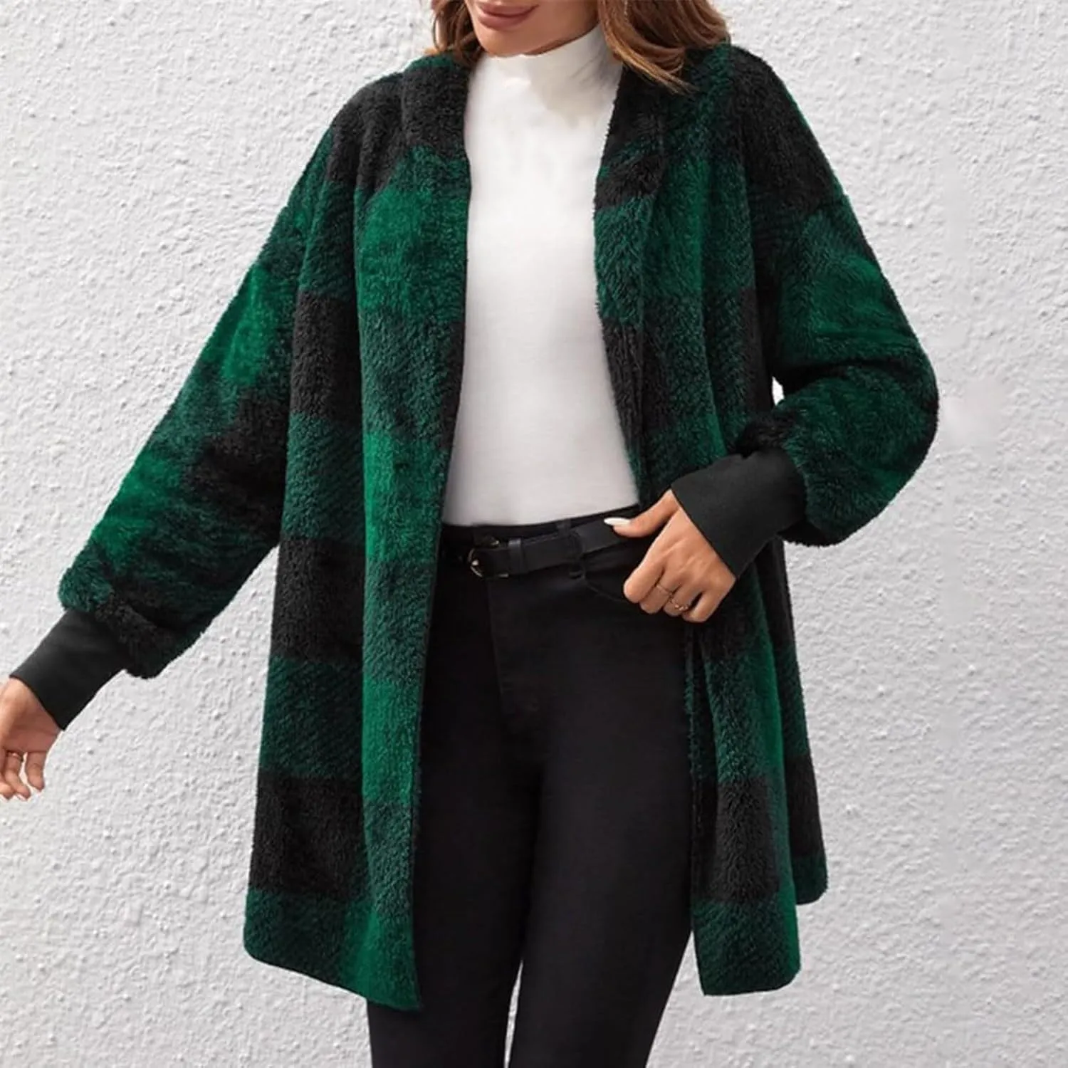 Buffalo Plaid Cardigan for Women Comfy Fuzzy Cable Knit Sweaters Color Block Long Sleeve Hooded Open Front Cardigan