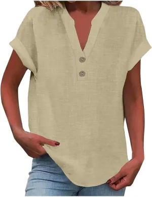 Button Down Linen Shirt for Women V Neck Short Sleeve Summer Tshirt Loose Fit Lightweight Casual Plus Size Tunic Tops