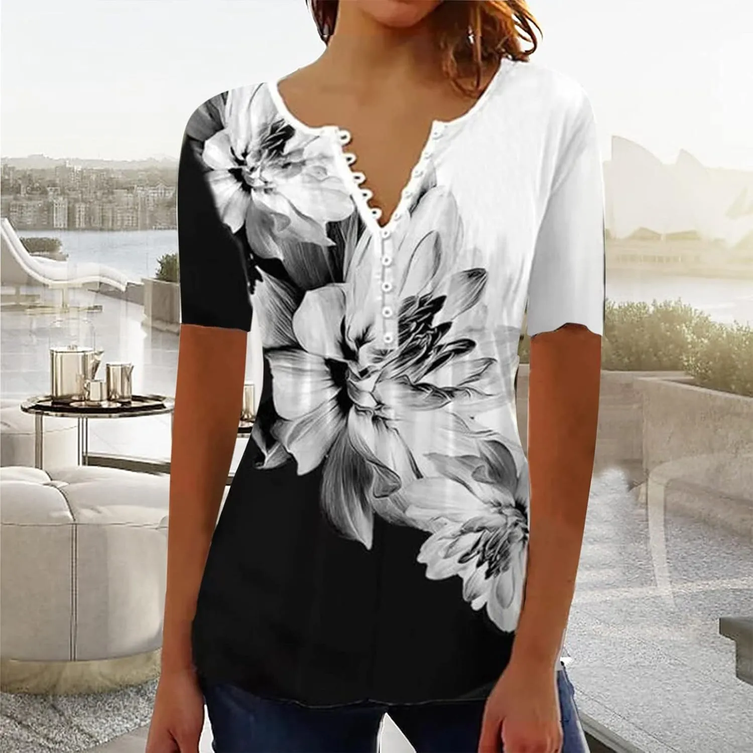 Button Down Shirts for Women Summer Floral Print Tunic Empire Waist Short Sleeve Henley v Neck Spring Blouses