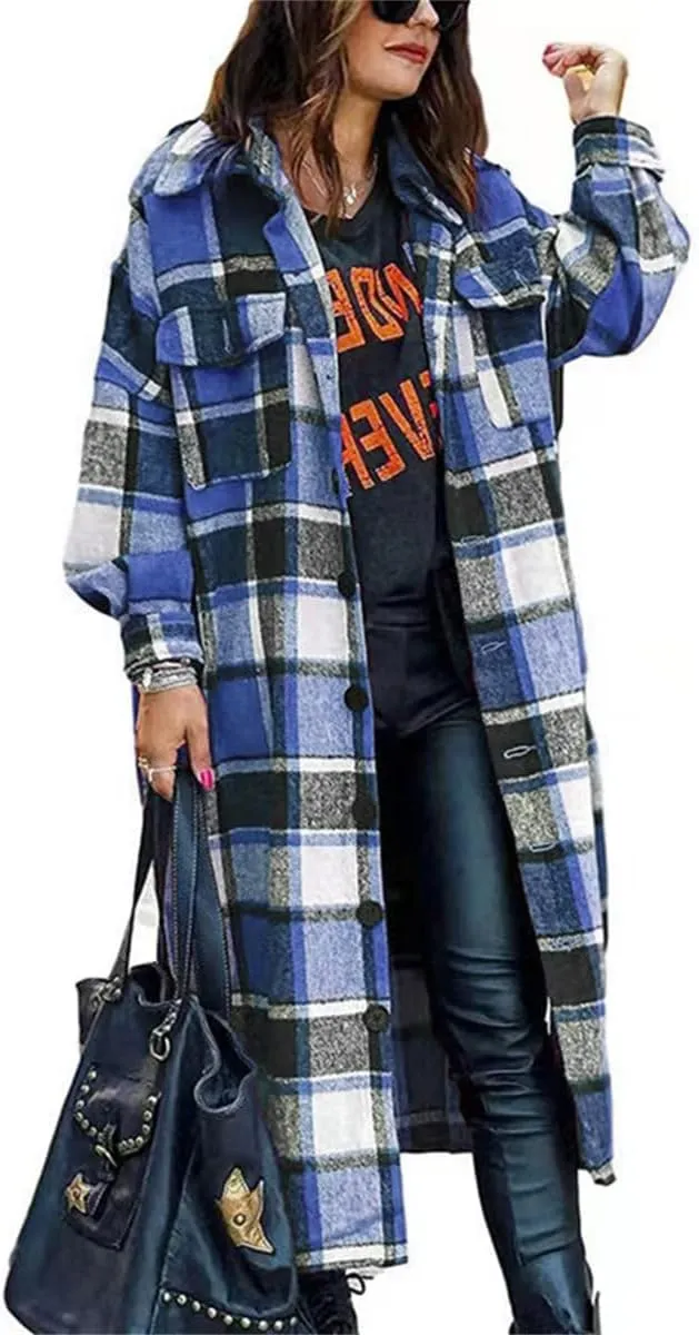 Canbebig Womens Oversized 2023 Plaid Shacket Jacket Lounge Button Down Wool Blend Fall Winter Tartan Trench Coat with Pockets