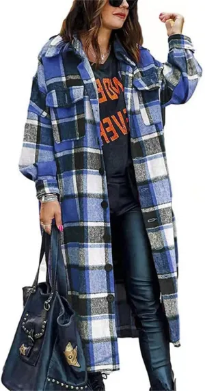 Canbebig Womens Oversized 2023 Plaid Shacket Jacket Lounge Button Down Wool Blend Fall Winter Tartan Trench Coat with Pockets