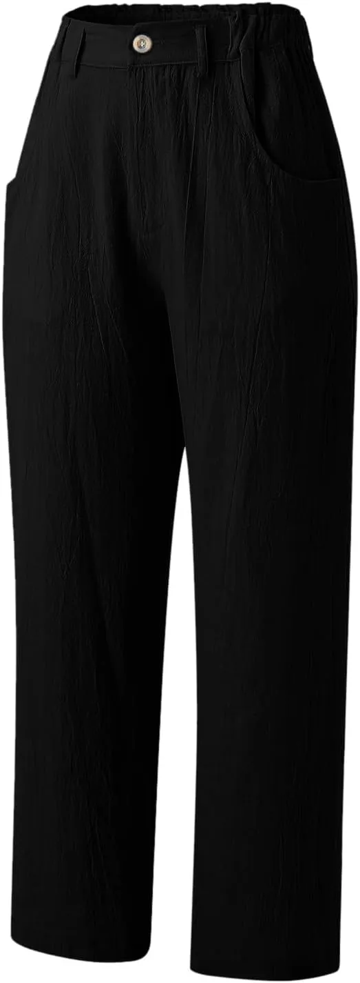 Capri Pants for Women Casual High Waisted Zipper Button Pants Loose Straight Leg Solid Color Comfy Trousers with Pockets