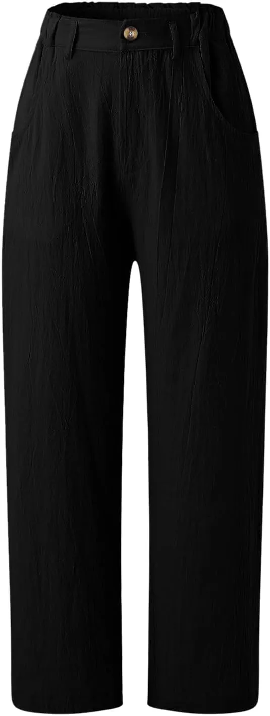 Capri Pants for Women Casual High Waisted Zipper Button Pants Loose Straight Leg Solid Color Comfy Trousers with Pockets