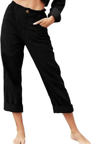 Capri Pants for Women Casual High Waisted Zipper Button Pants Loose Straight Leg Solid Color Comfy Trousers with Pockets