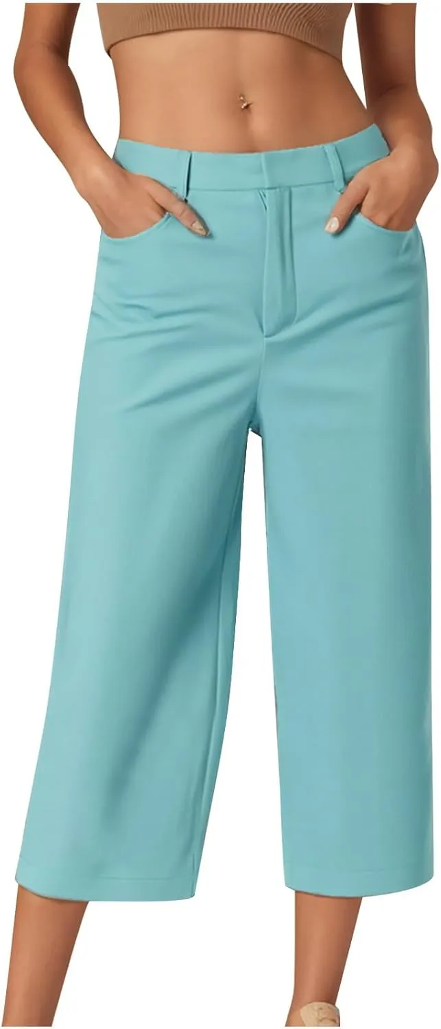 Capri Pants for Women Summer Cropped Pants Casual Business Pants Loose Comfy Work Pants Beach Trousers with Pockets