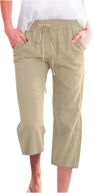 Capris Pants for Women Cotton Plus Size Linen Pants Wide Leg Capri Pants for Women Casual Summer Pants with Pockets