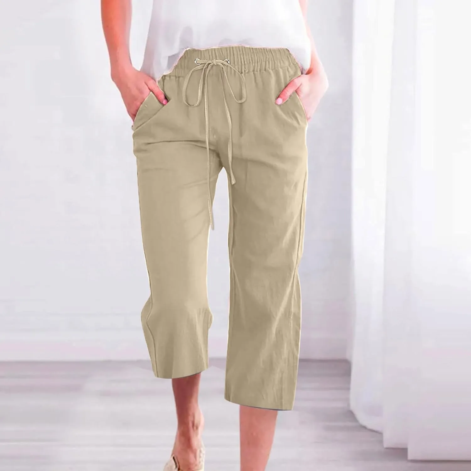 Capris Pants for Women Cotton Plus Size Linen Pants Wide Leg Capri Pants for Women Casual Summer Pants with Pockets
