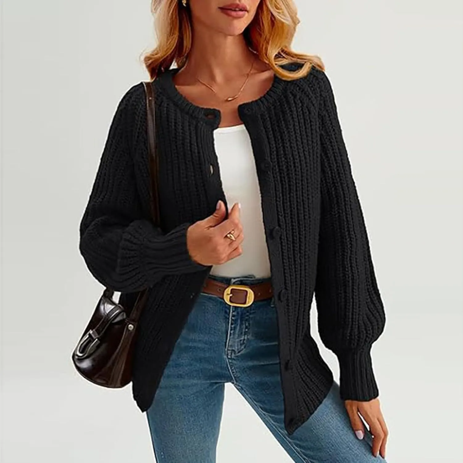 Cardigan Sweaters for Women Fall Crew Neck Loose Fit Open Front Cardigan Long Sleeve Button Chunky Knit Sweater