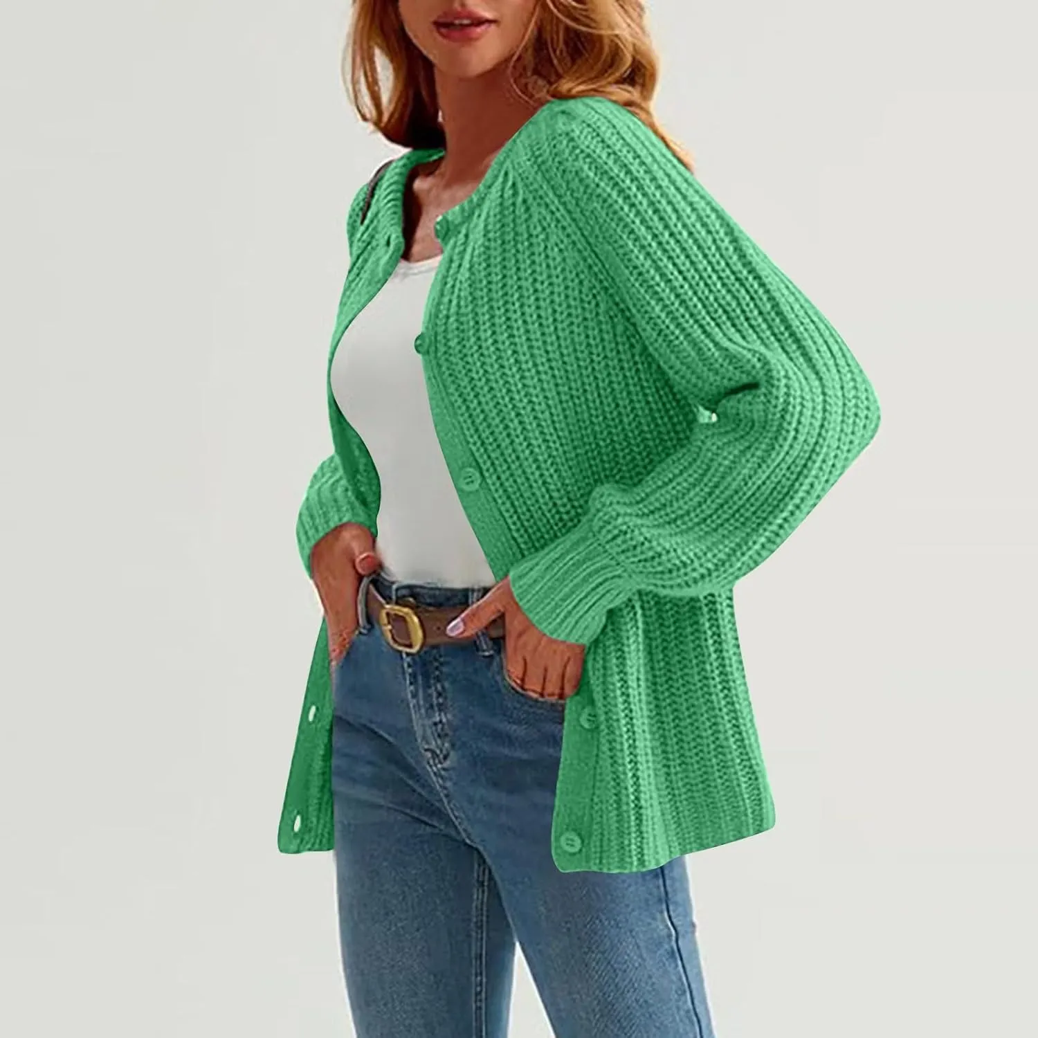 Cardigan Sweaters for Women Fall Crew Neck Loose Fit Open Front Cardigan Long Sleeve Button Chunky Knit Sweater