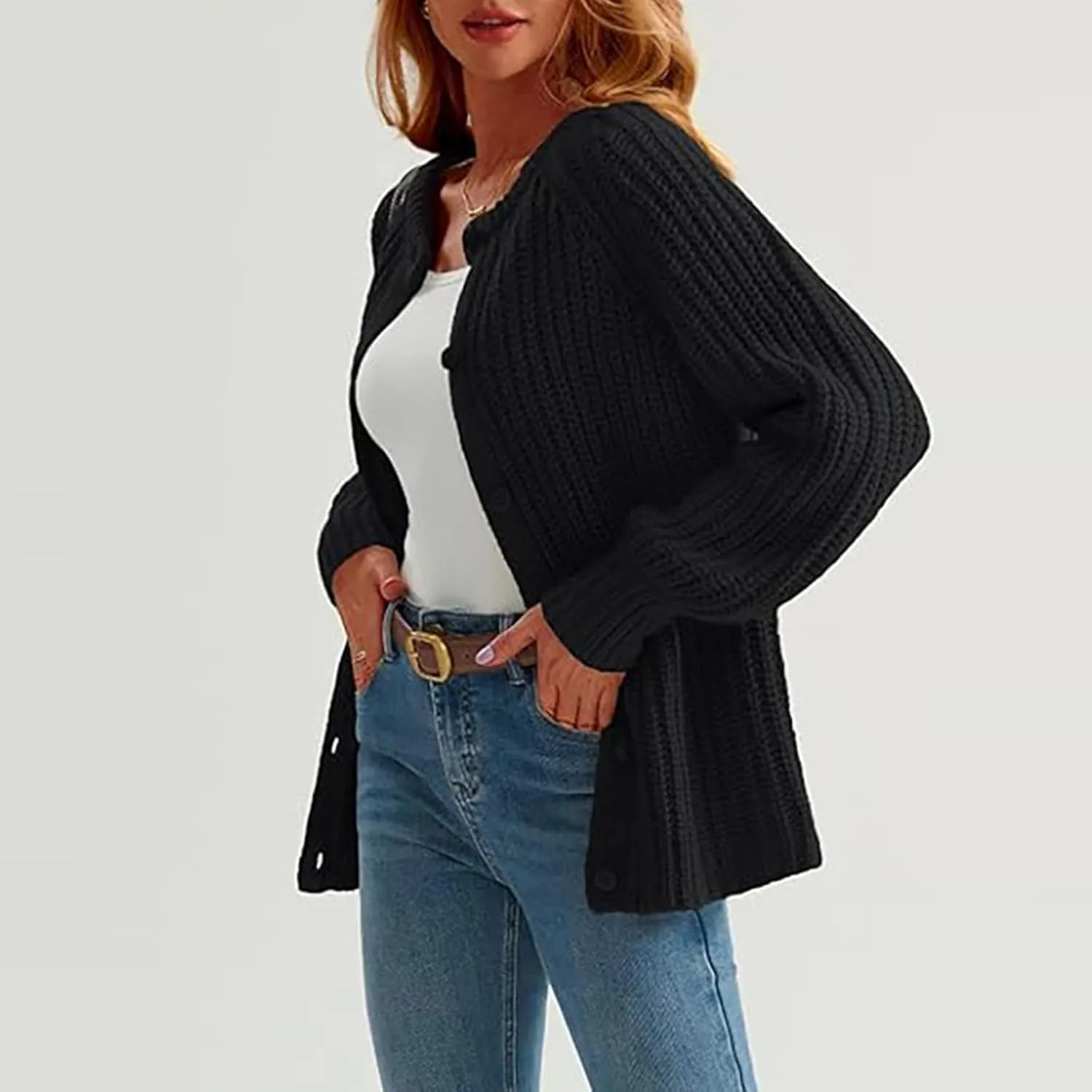 Cardigan Sweaters for Women Fall Crew Neck Loose Fit Open Front Cardigan Long Sleeve Button Chunky Knit Sweater