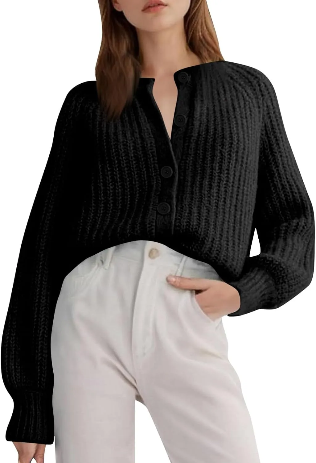 Cardigan Sweaters for Women Fall Crew Neck Loose Fit Open Front Cardigan Long Sleeve Button Chunky Knit Sweater