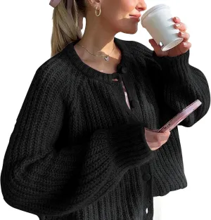 Cardigan Sweaters for Women Fall Crew Neck Loose Fit Open Front Cardigan Long Sleeve Button Chunky Knit Sweater