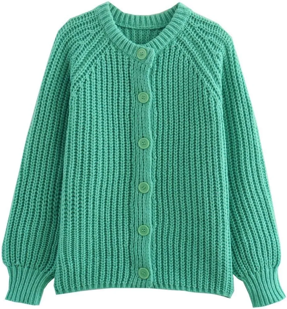 Cardigan Sweaters for Women Fall Crew Neck Loose Fit Open Front Cardigan Long Sleeve Button Chunky Knit Sweater