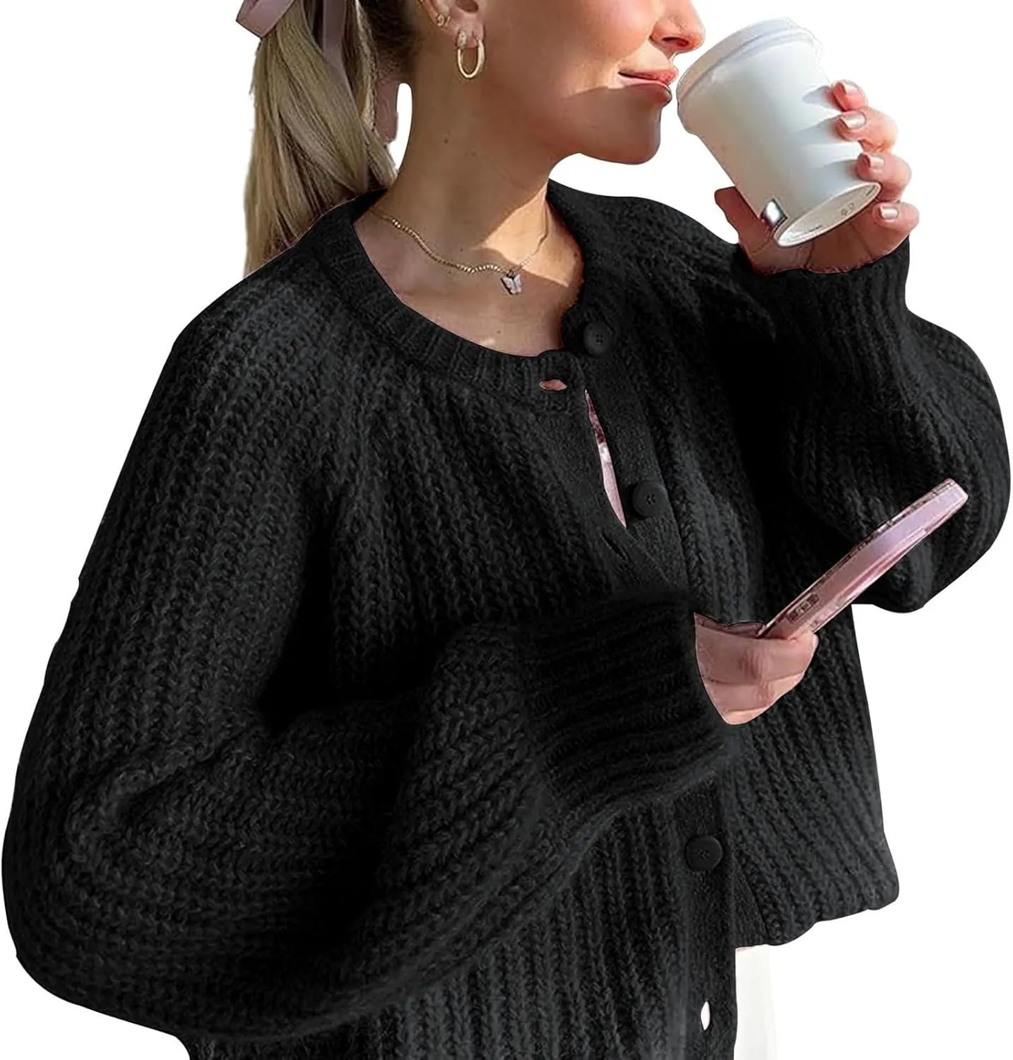 Cardigan Sweaters for Women Fall Crew Neck Loose Fit Open Front Cardigan Long Sleeve Button Chunky Knit Sweater